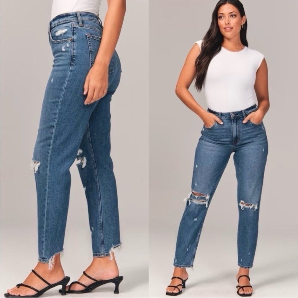 Abercrombie & Fitch‎ Curve Love High Rise Mom Jeans Distressed Medium Wash 29 8R
